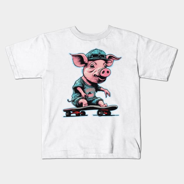 Skateboarding pig Kids T-Shirt by JnS Merch Store